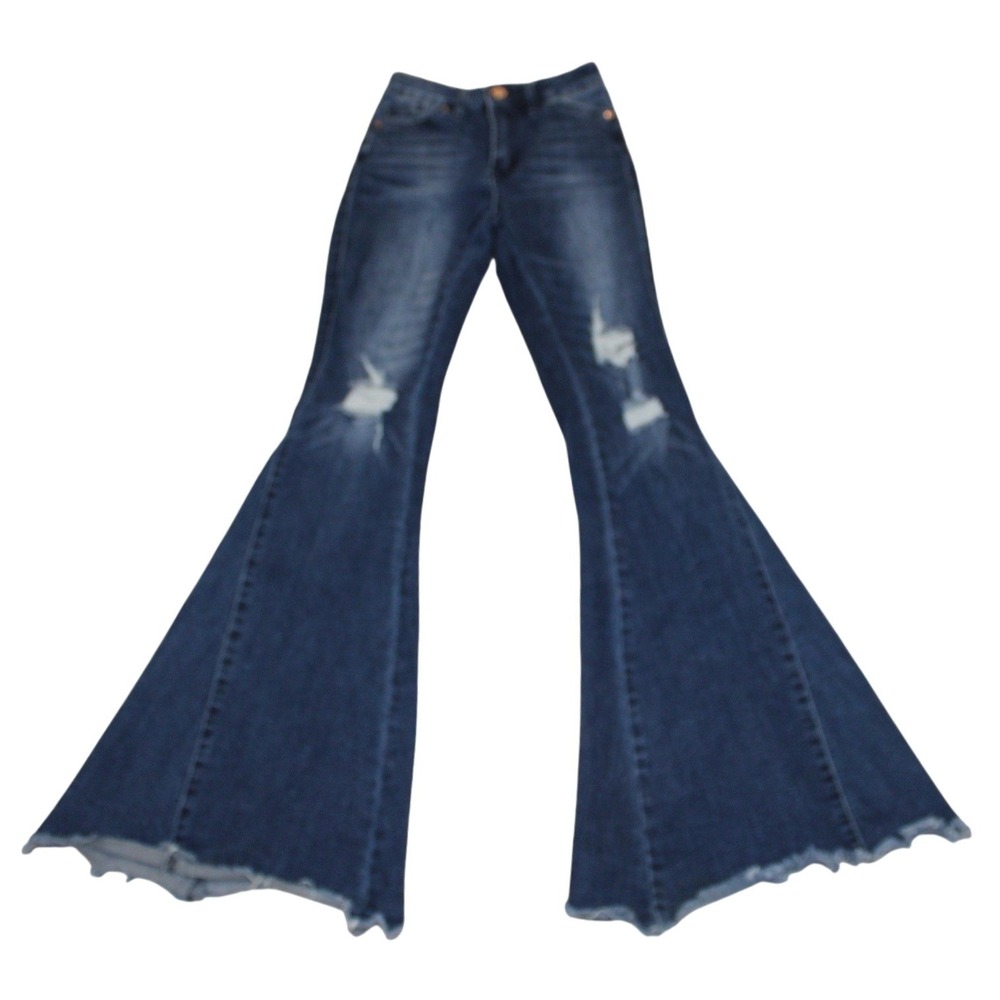 YMI Gigi Fit Bell Bottom Distressed Jeans Women 1 Dark Wash Excellent 70s Retro